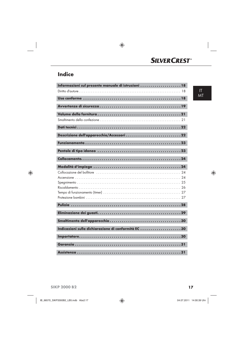 Indice, It mt | Silvercrest SIKP 2000 B2 User Manual | Page 19 / 81