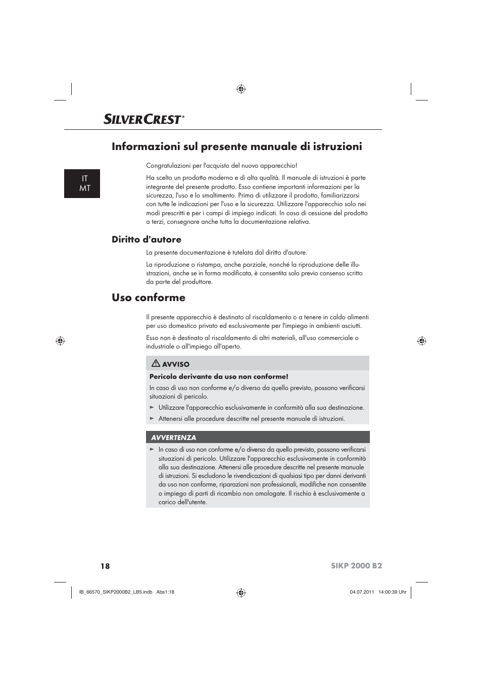 Informazioni sul presente manuale di istruzioni, Uso conforme, Diritto d'autore | It mt | Silvercrest SIKP 2000 B2 User Manual | Page 20 / 81