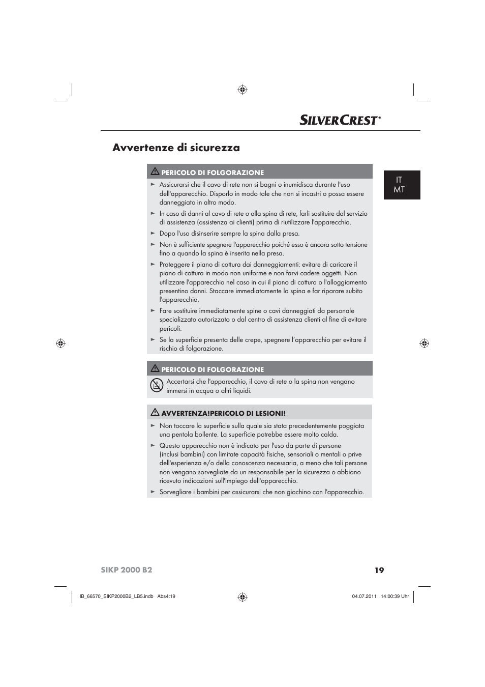 Avvertenze di sicurezza, It mt | Silvercrest SIKP 2000 B2 User Manual | Page 21 / 81