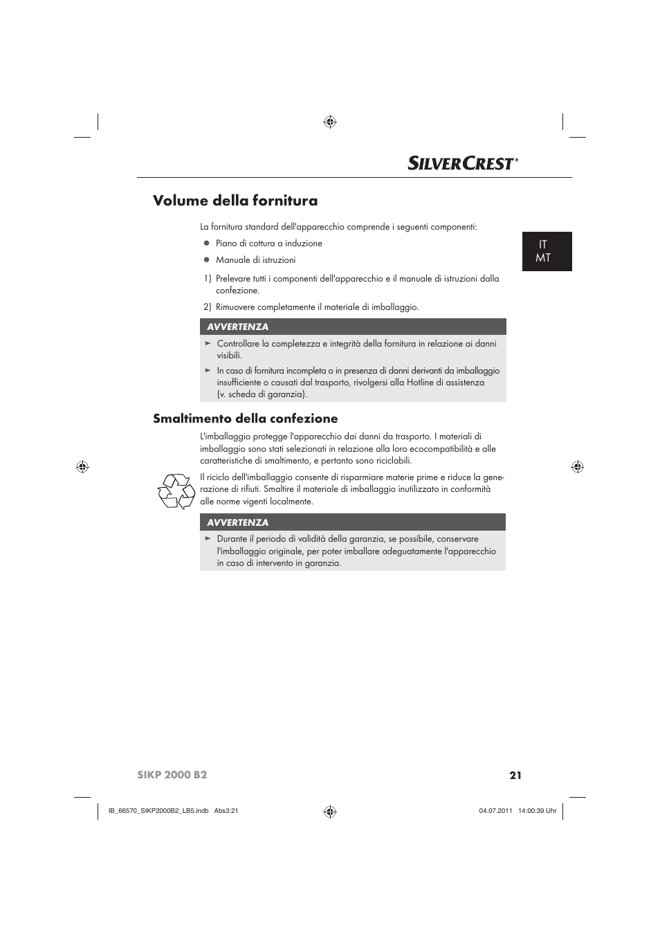 Volume della fornitura, Smaltimento della confezione, It mt | Silvercrest SIKP 2000 B2 User Manual | Page 23 / 81
