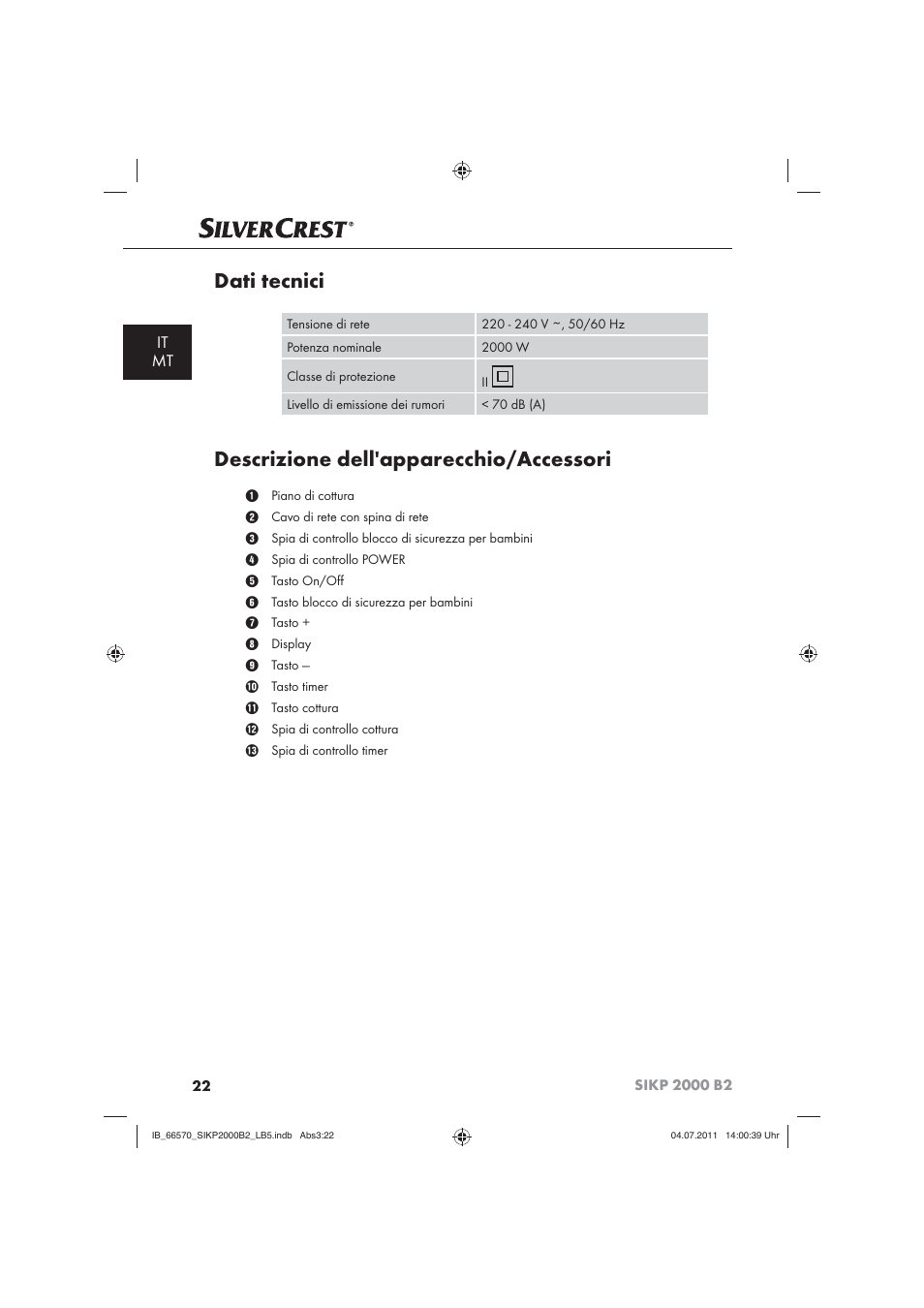 Dati tecnici, Descrizione dell'apparecchio/accessori, It mt | Silvercrest SIKP 2000 B2 User Manual | Page 24 / 81