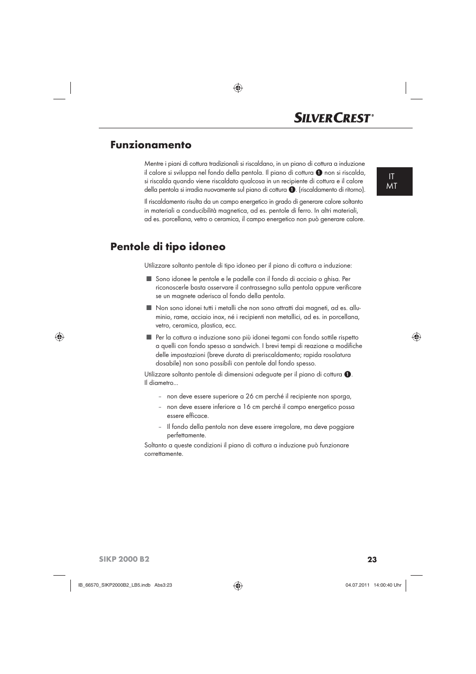 Funzionamento, Pentole di tipo idoneo, It mt | Silvercrest SIKP 2000 B2 User Manual | Page 25 / 81