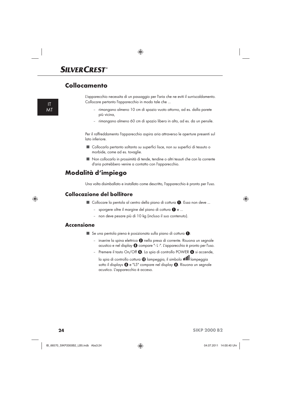 Collocamento, Modalità d‘impiego, Collocazione del bollitore | Accensione, It mt | Silvercrest SIKP 2000 B2 User Manual | Page 26 / 81