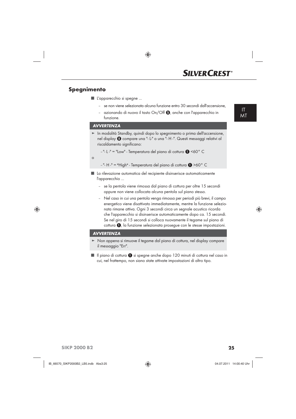 Spegnimento, It mt | Silvercrest SIKP 2000 B2 User Manual | Page 27 / 81