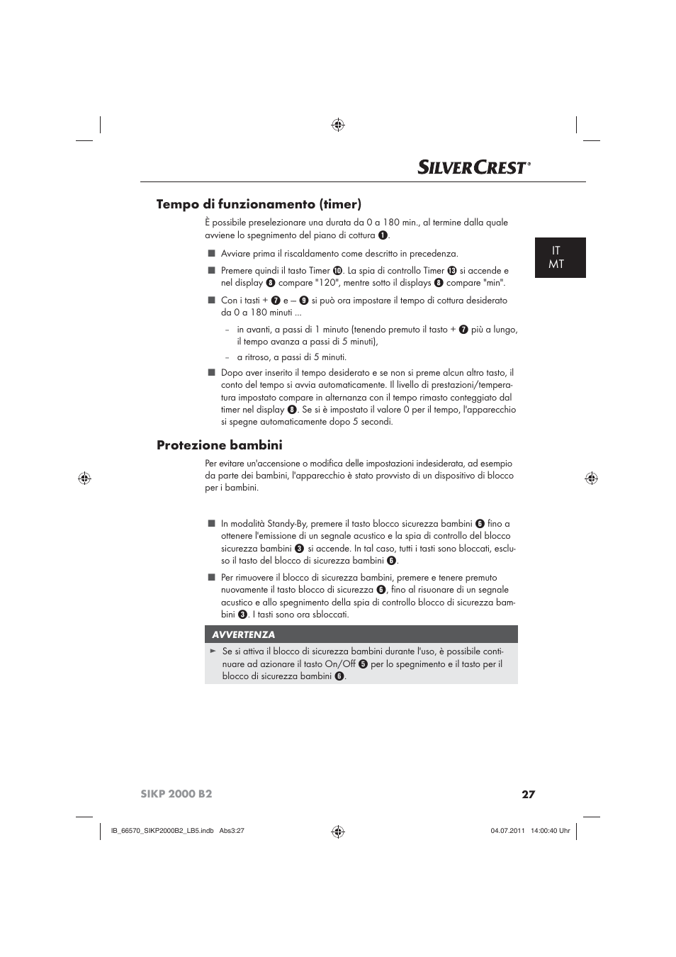 Tempo di funzionamento (timer), Protezione bambini, It mt | Silvercrest SIKP 2000 B2 User Manual | Page 29 / 81