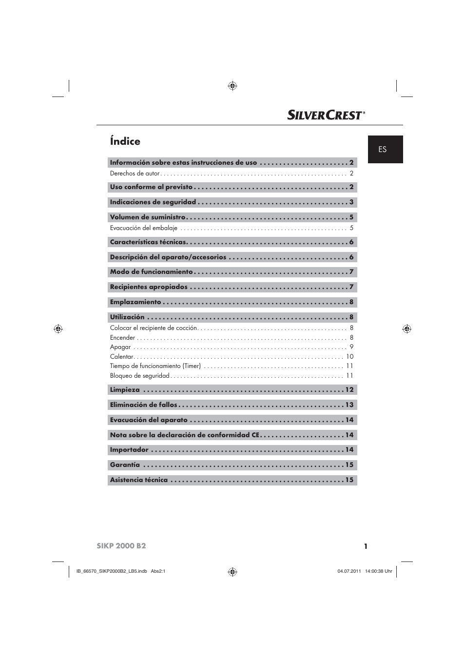 Índice | Silvercrest SIKP 2000 B2 User Manual | Page 3 / 81