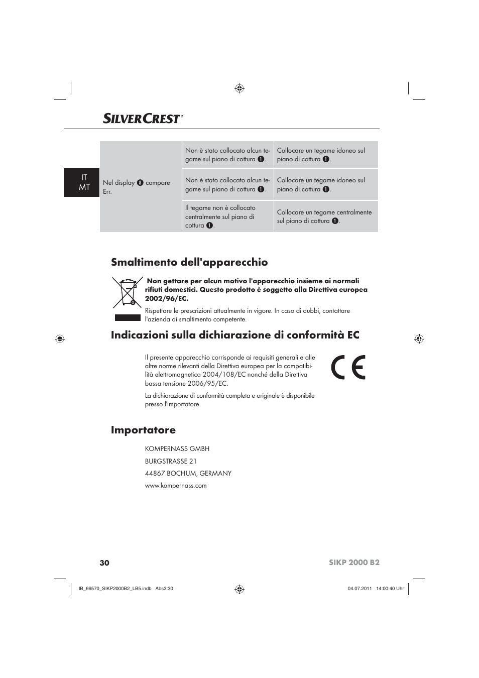 Smaltimento dell'apparecchio, Indicazioni sulla dichiarazione di conformità ec, Importatore | It mt | Silvercrest SIKP 2000 B2 User Manual | Page 32 / 81