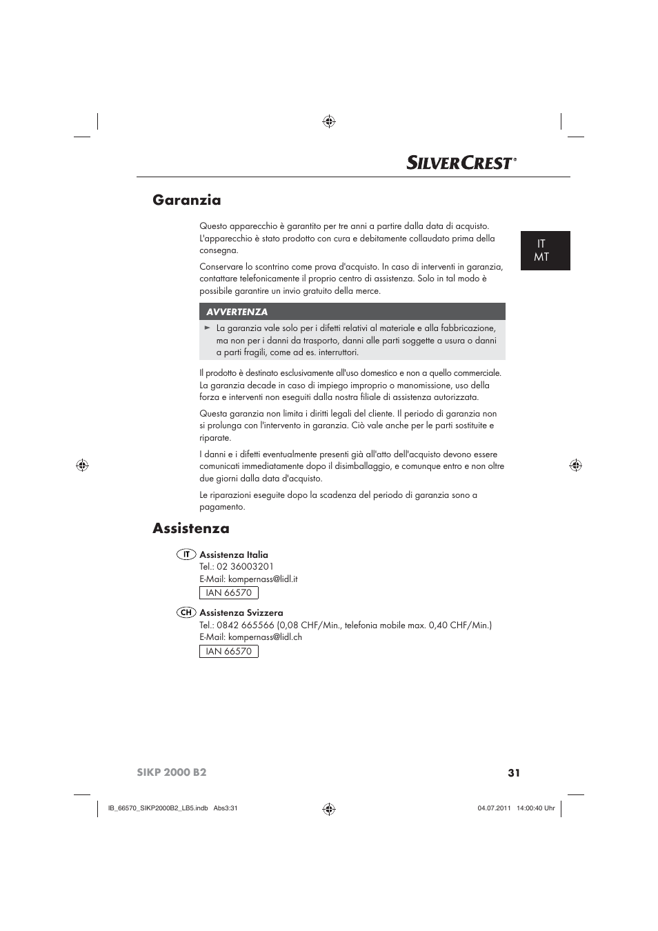 Garanzia, Assistenza, It mt | Silvercrest SIKP 2000 B2 User Manual | Page 33 / 81