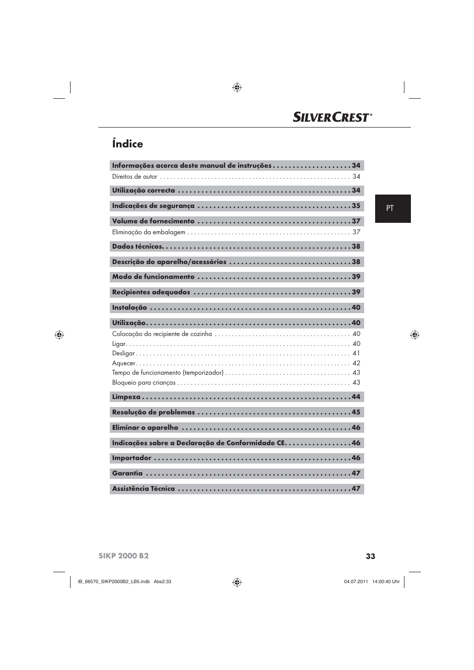 Índice | Silvercrest SIKP 2000 B2 User Manual | Page 35 / 81