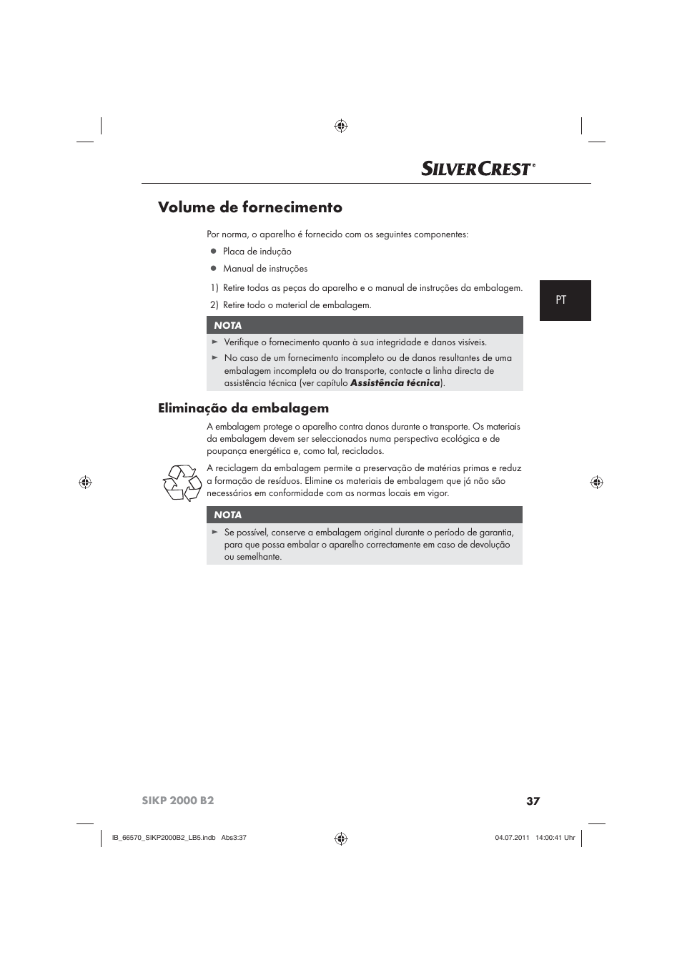 Volume de fornecimento, Eliminação da embalagem | Silvercrest SIKP 2000 B2 User Manual | Page 39 / 81