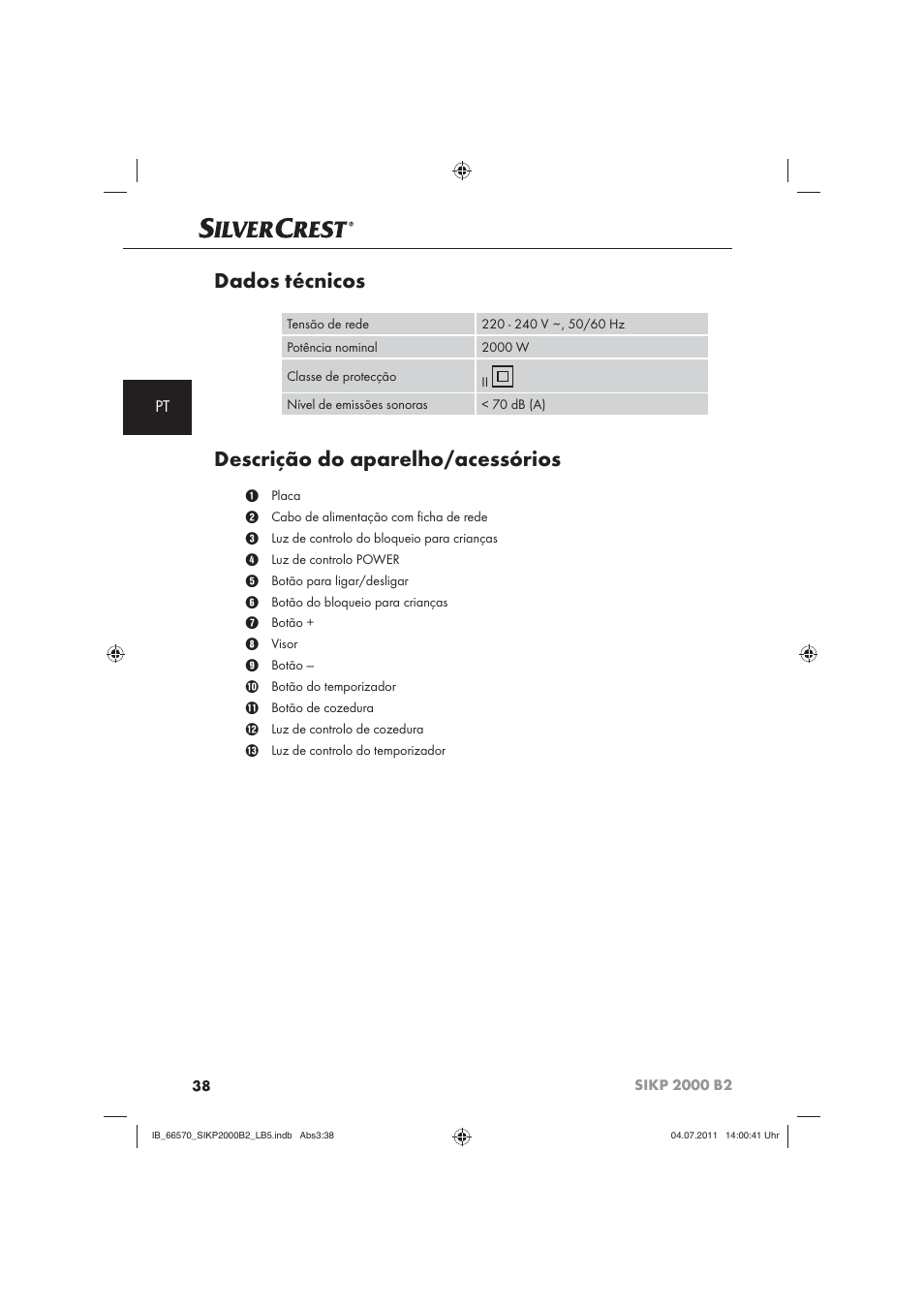 Dados técnicos, Descrição do aparelho/acessórios | Silvercrest SIKP 2000 B2 User Manual | Page 40 / 81