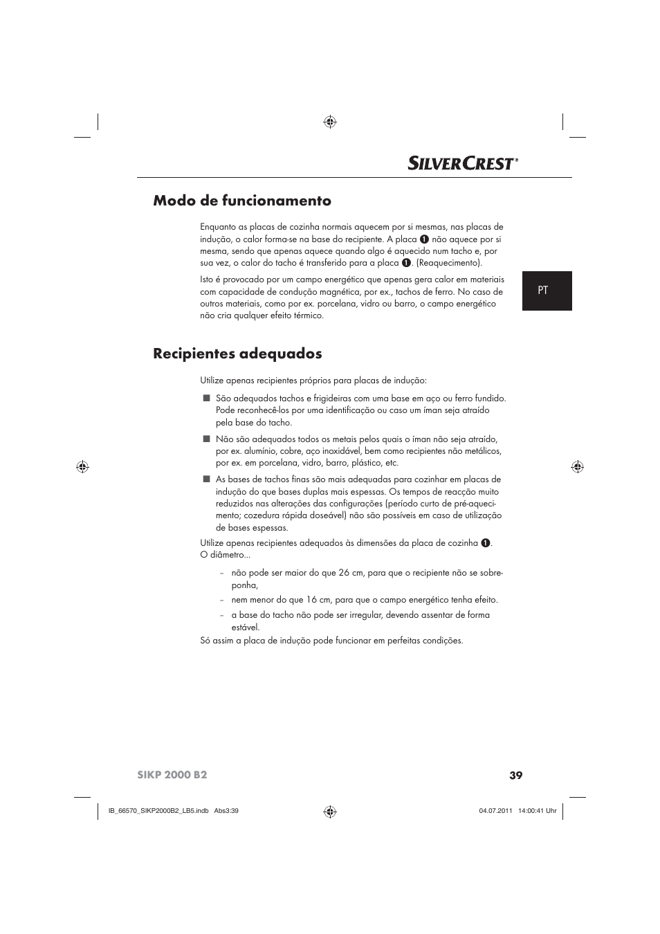 Modo de funcionamento, Recipientes adequados | Silvercrest SIKP 2000 B2 User Manual | Page 41 / 81