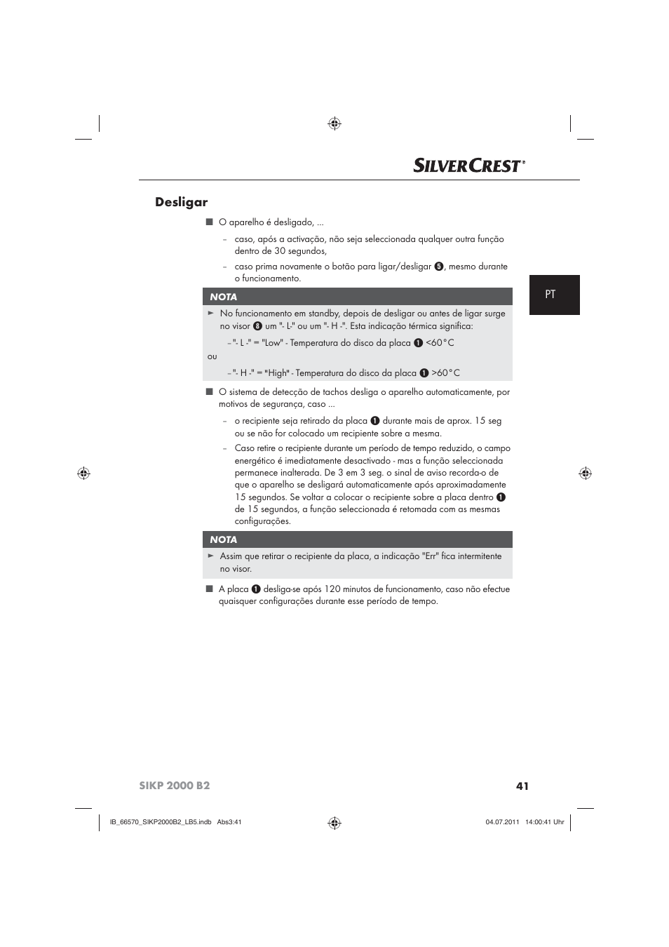 Desligar | Silvercrest SIKP 2000 B2 User Manual | Page 43 / 81