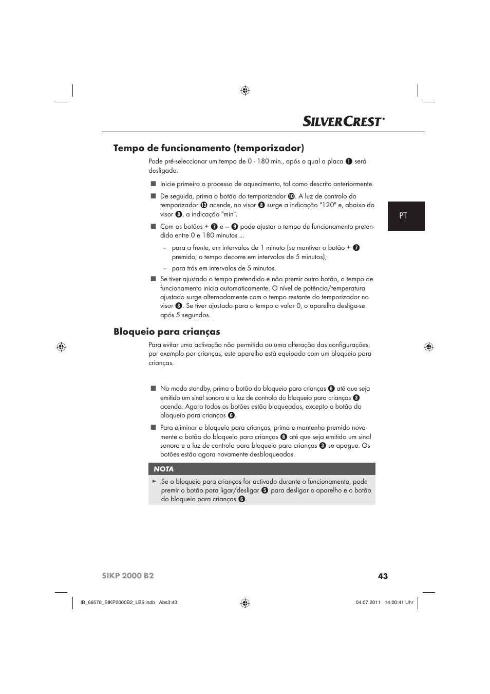 Tempo de funcionamento (temporizador), Bloqueio para crianças | Silvercrest SIKP 2000 B2 User Manual | Page 45 / 81