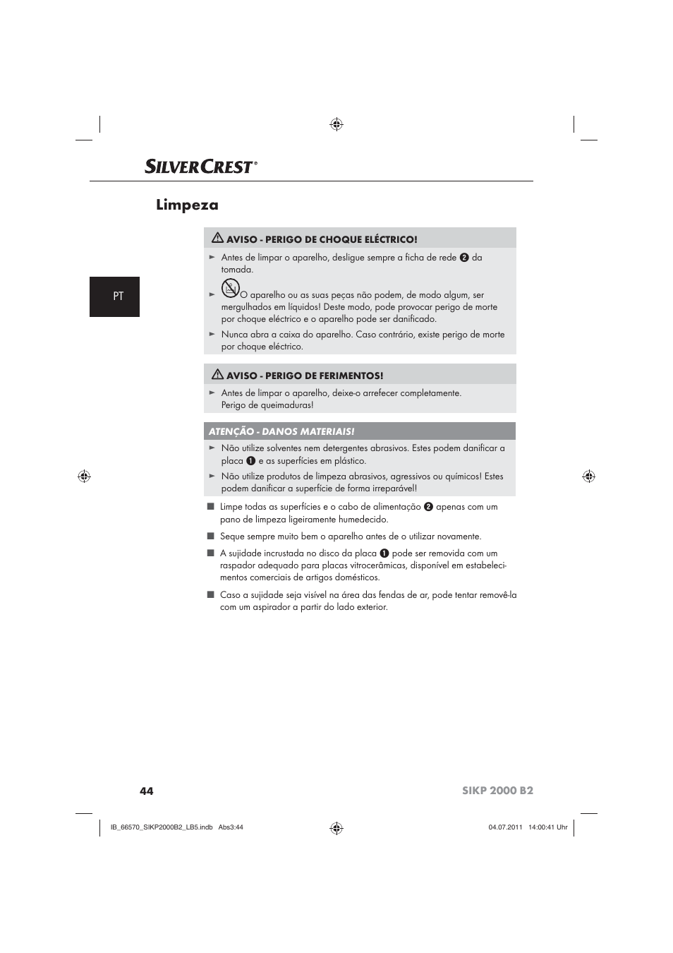 Limpeza | Silvercrest SIKP 2000 B2 User Manual | Page 46 / 81