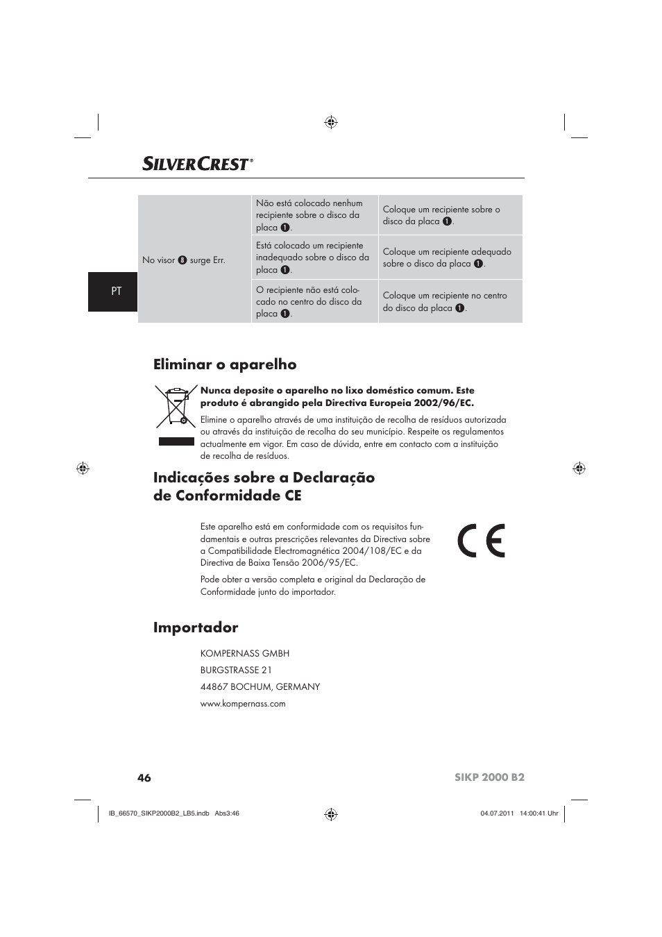 Eliminar o aparelho, Indicações sobre a declaração de conformidade ce, Importador | Silvercrest SIKP 2000 B2 User Manual | Page 48 / 81