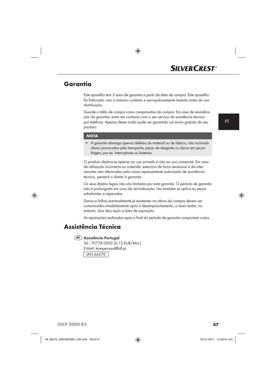 Garantia, Assistência técnica | Silvercrest SIKP 2000 B2 User Manual | Page 49 / 81
