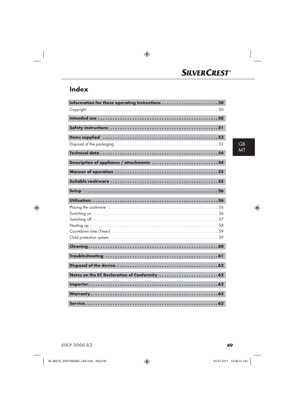 Index, Gb mt | Silvercrest SIKP 2000 B2 User Manual | Page 51 / 81