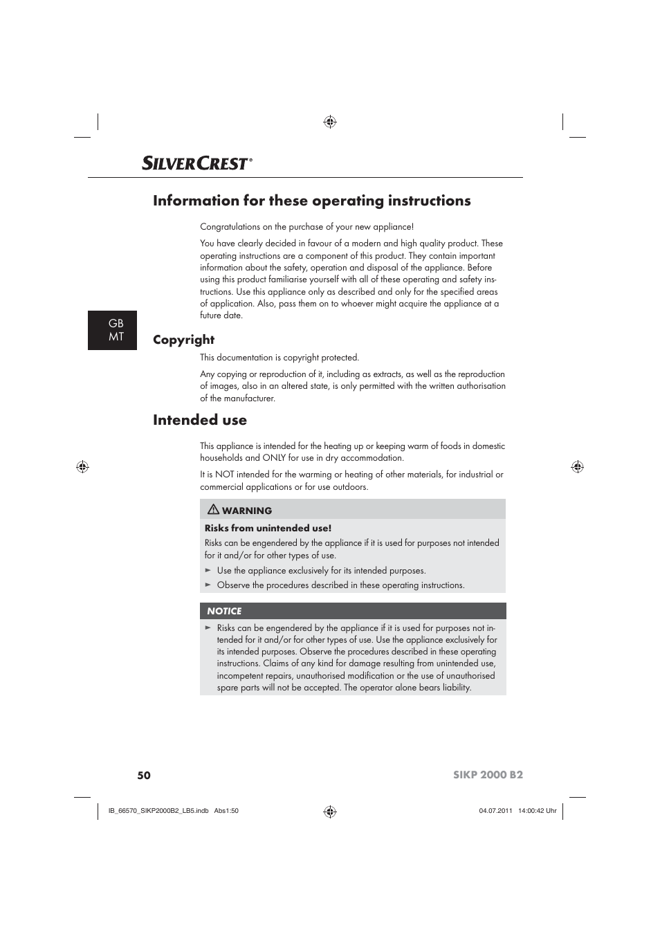 Information for these operating instructions, Intended use, Copyright | Gb mt | Silvercrest SIKP 2000 B2 User Manual | Page 52 / 81