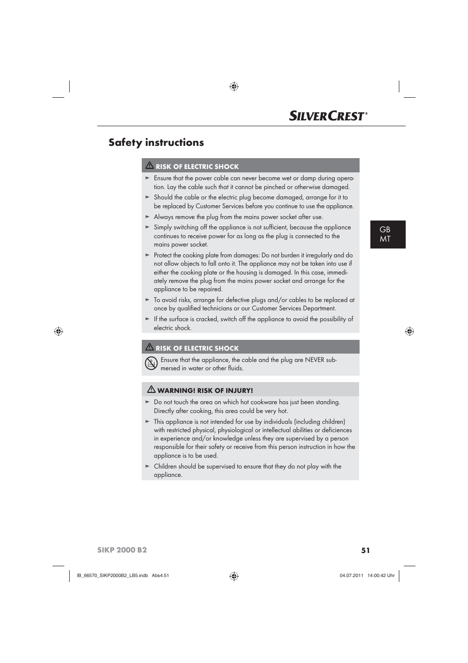 Safety instructions, Gb mt | Silvercrest SIKP 2000 B2 User Manual | Page 53 / 81