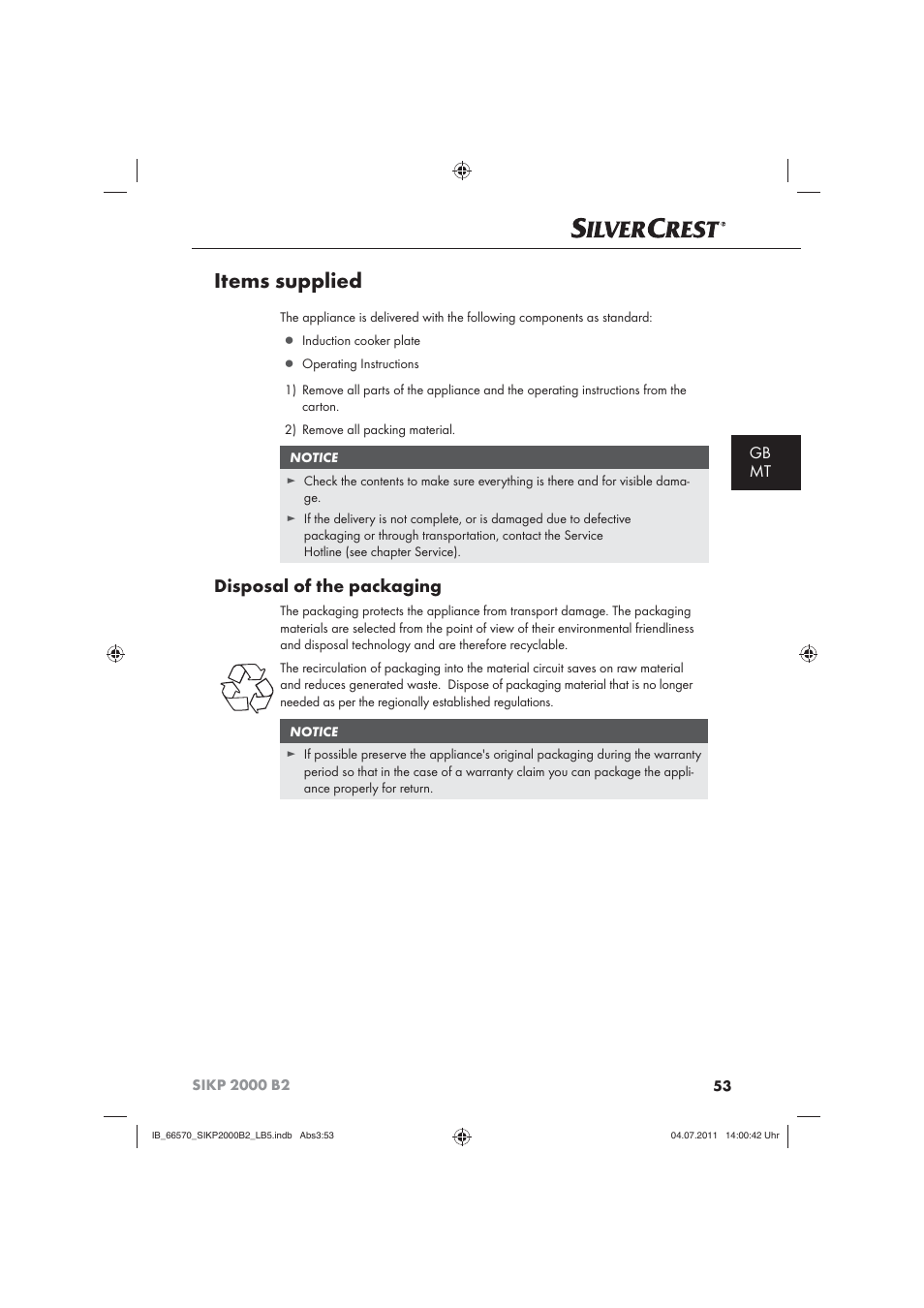 Items supplied, Disposal of the packaging, Gb mt | Silvercrest SIKP 2000 B2 User Manual | Page 55 / 81