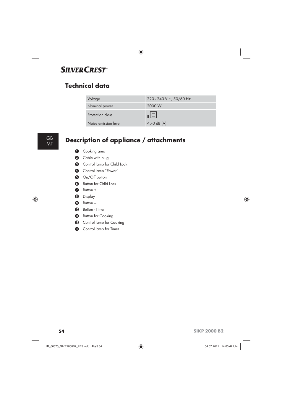 Technical data, Description of appliance / attachments, Gb mt | Silvercrest SIKP 2000 B2 User Manual | Page 56 / 81