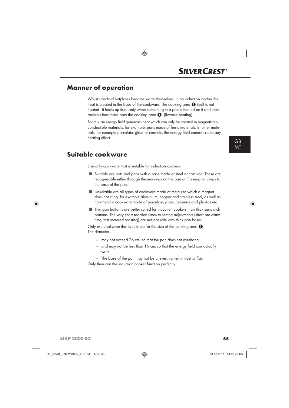 Manner of operation, Suitable cookware, Gb mt | Silvercrest SIKP 2000 B2 User Manual | Page 57 / 81