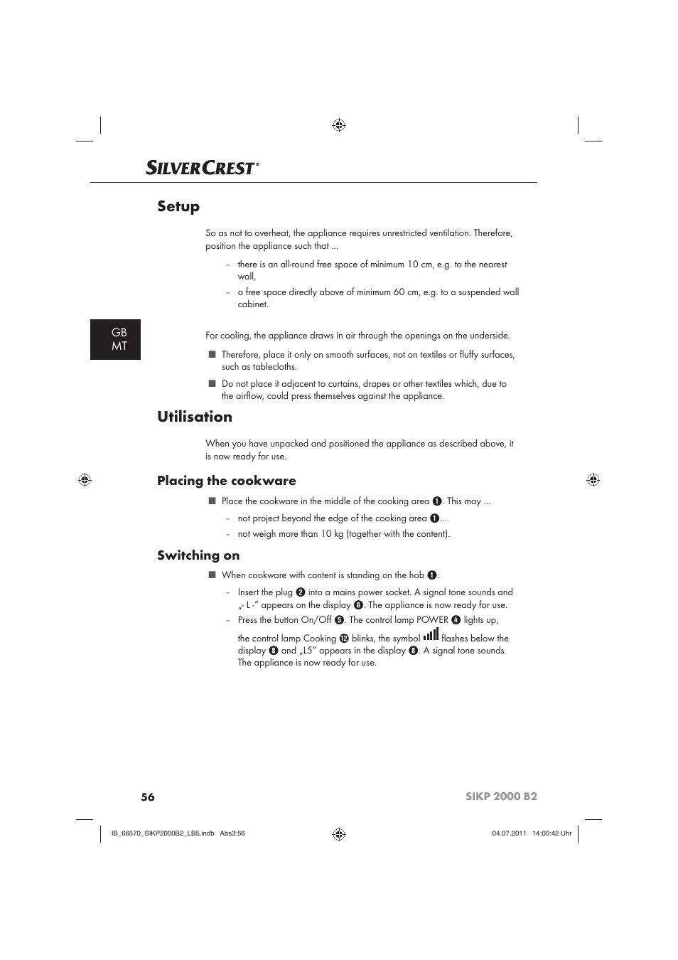 Setup, Utilisation, Placing the cookware | Switching on, Gb mt | Silvercrest SIKP 2000 B2 User Manual | Page 58 / 81