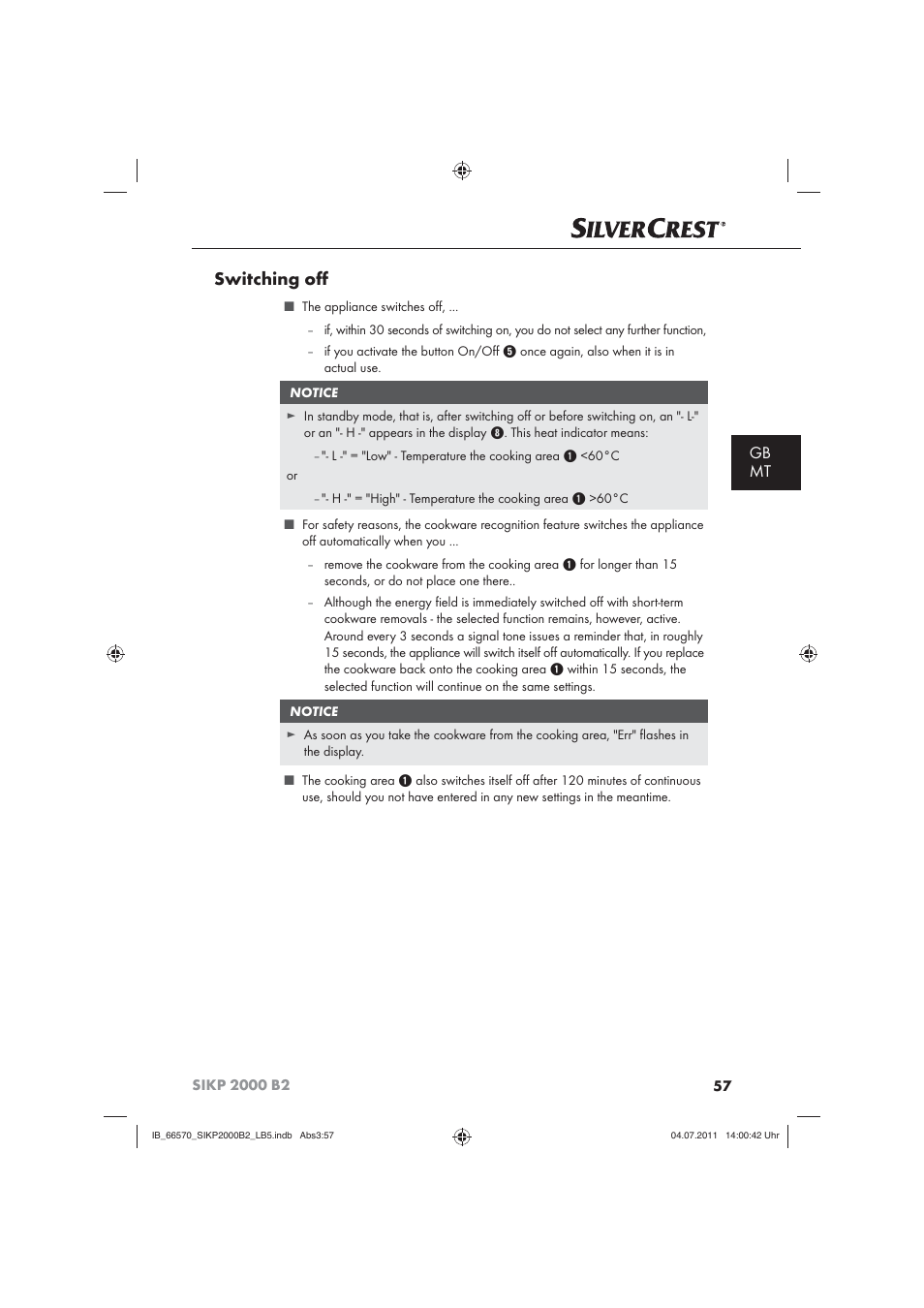 Switching oﬀ, Gb mt | Silvercrest SIKP 2000 B2 User Manual | Page 59 / 81