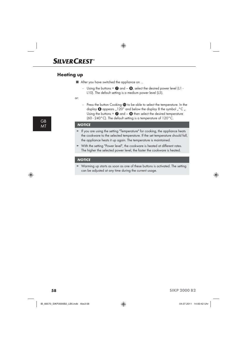 Heating up, Gb mt | Silvercrest SIKP 2000 B2 User Manual | Page 60 / 81