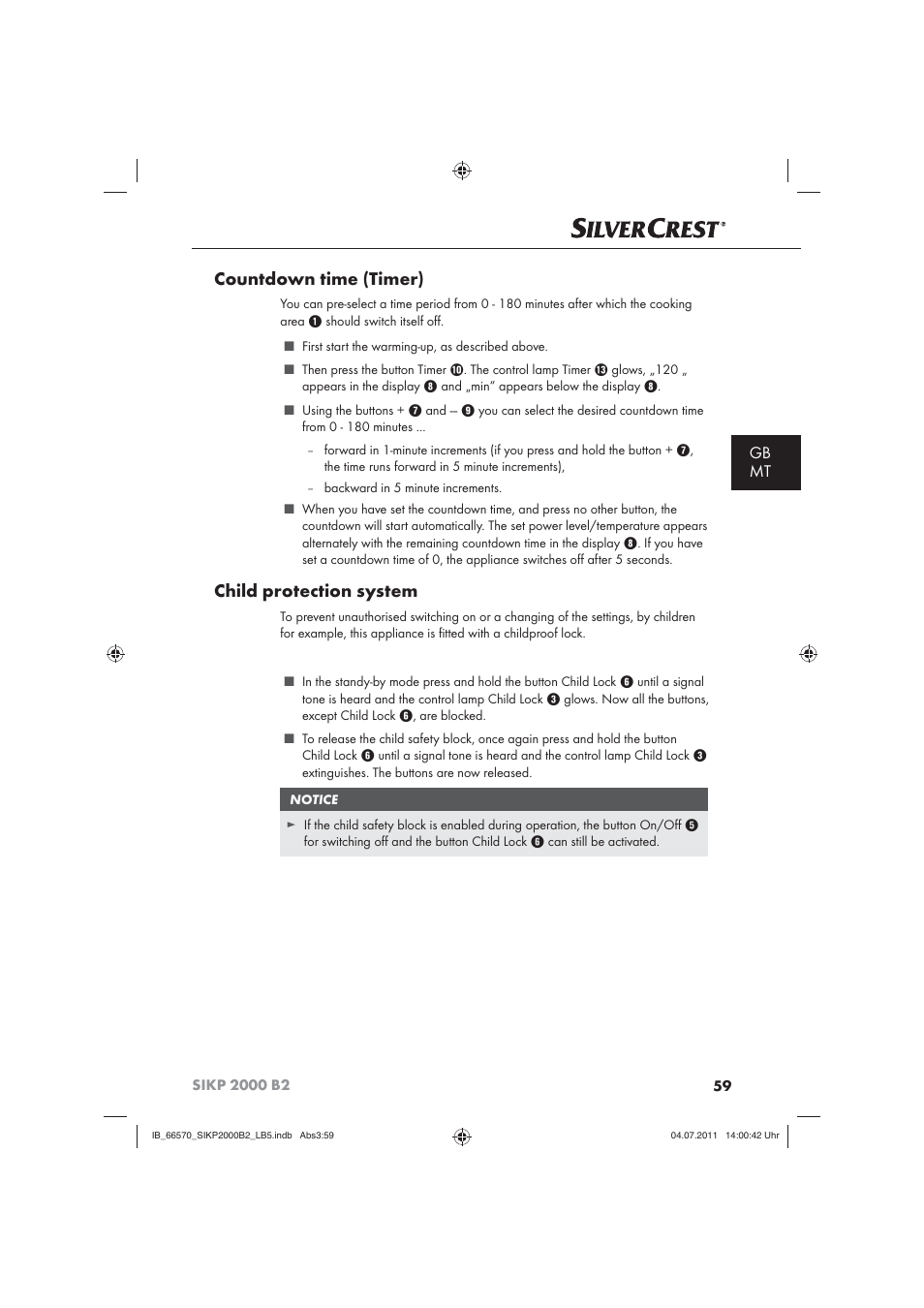 Countdown time (timer), Child protection system, Gb mt | Silvercrest SIKP 2000 B2 User Manual | Page 61 / 81