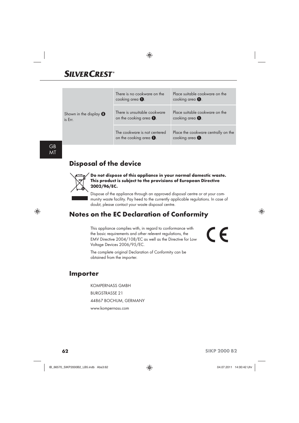 Disposal of the device, Importer, Gb mt | Silvercrest SIKP 2000 B2 User Manual | Page 64 / 81