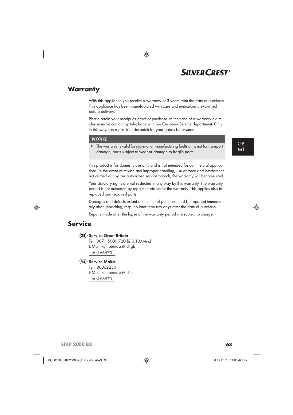 Warranty, Service, Gb mt | Silvercrest SIKP 2000 B2 User Manual | Page 65 / 81