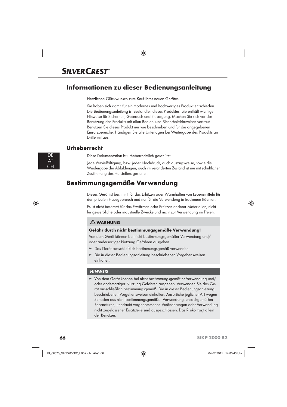 Informationen zu dieser bedienungsanleitung, Bestimmungsgemäße verwendung, Urheberrecht | De at ch | Silvercrest SIKP 2000 B2 User Manual | Page 68 / 81
