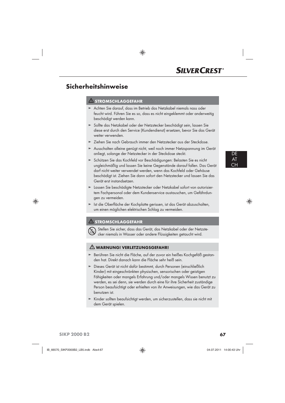 Sicherheitshinweise, De at ch | Silvercrest SIKP 2000 B2 User Manual | Page 69 / 81