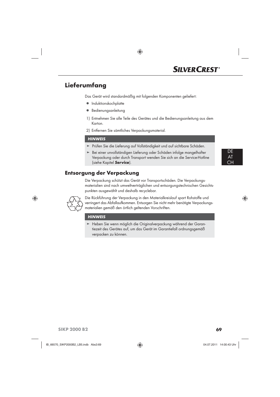 Lieferumfang, Entsorgung der verpackung, De at ch | Silvercrest SIKP 2000 B2 User Manual | Page 71 / 81