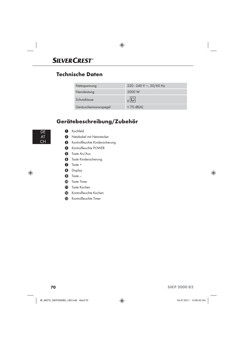 Technische daten, Gerätebeschreibung/zubehör, De at ch | Silvercrest SIKP 2000 B2 User Manual | Page 72 / 81