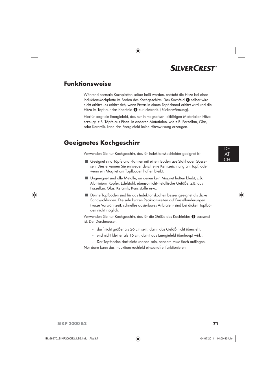 Funktionsweise, Geeignetes kochgeschirr, De at ch | Silvercrest SIKP 2000 B2 User Manual | Page 73 / 81