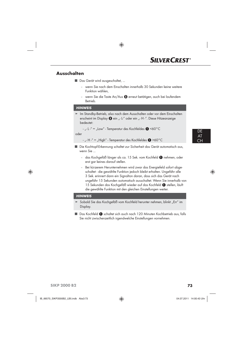 Ausschalten, De at ch | Silvercrest SIKP 2000 B2 User Manual | Page 75 / 81