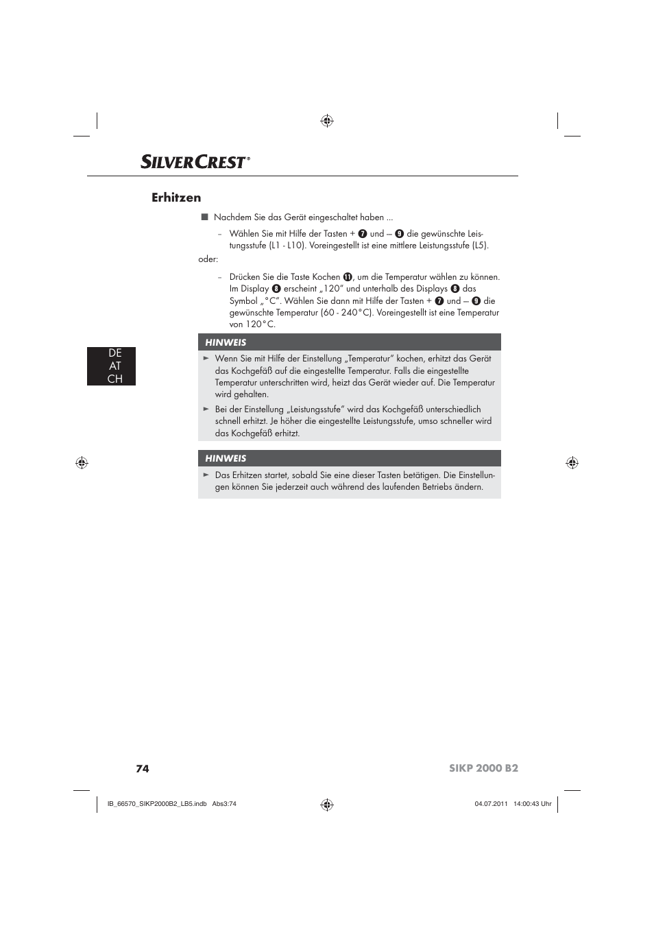 Erhitzen, De at ch | Silvercrest SIKP 2000 B2 User Manual | Page 76 / 81