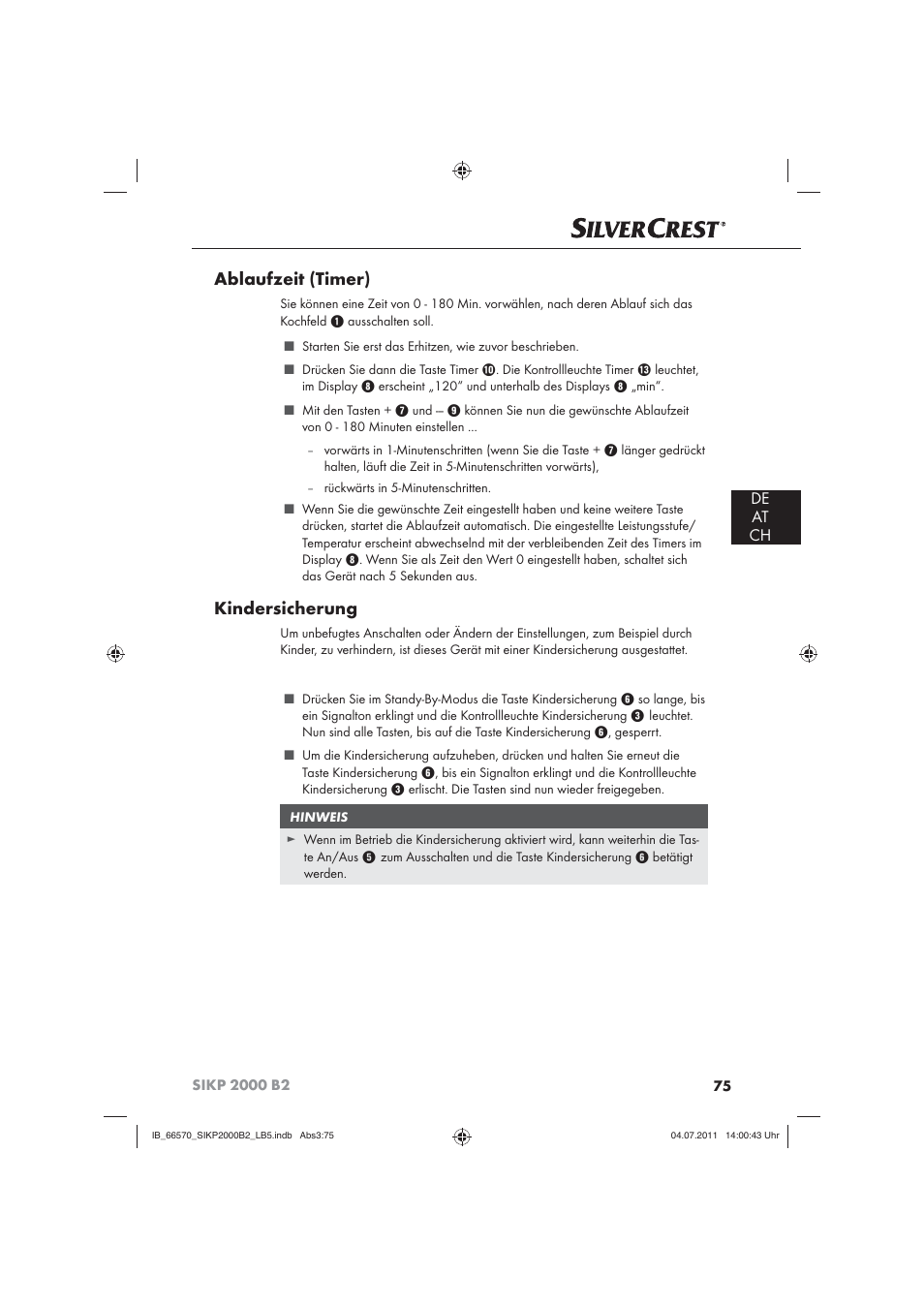 Ablaufzeit (timer), Kindersicherung, De at ch | Silvercrest SIKP 2000 B2 User Manual | Page 77 / 81