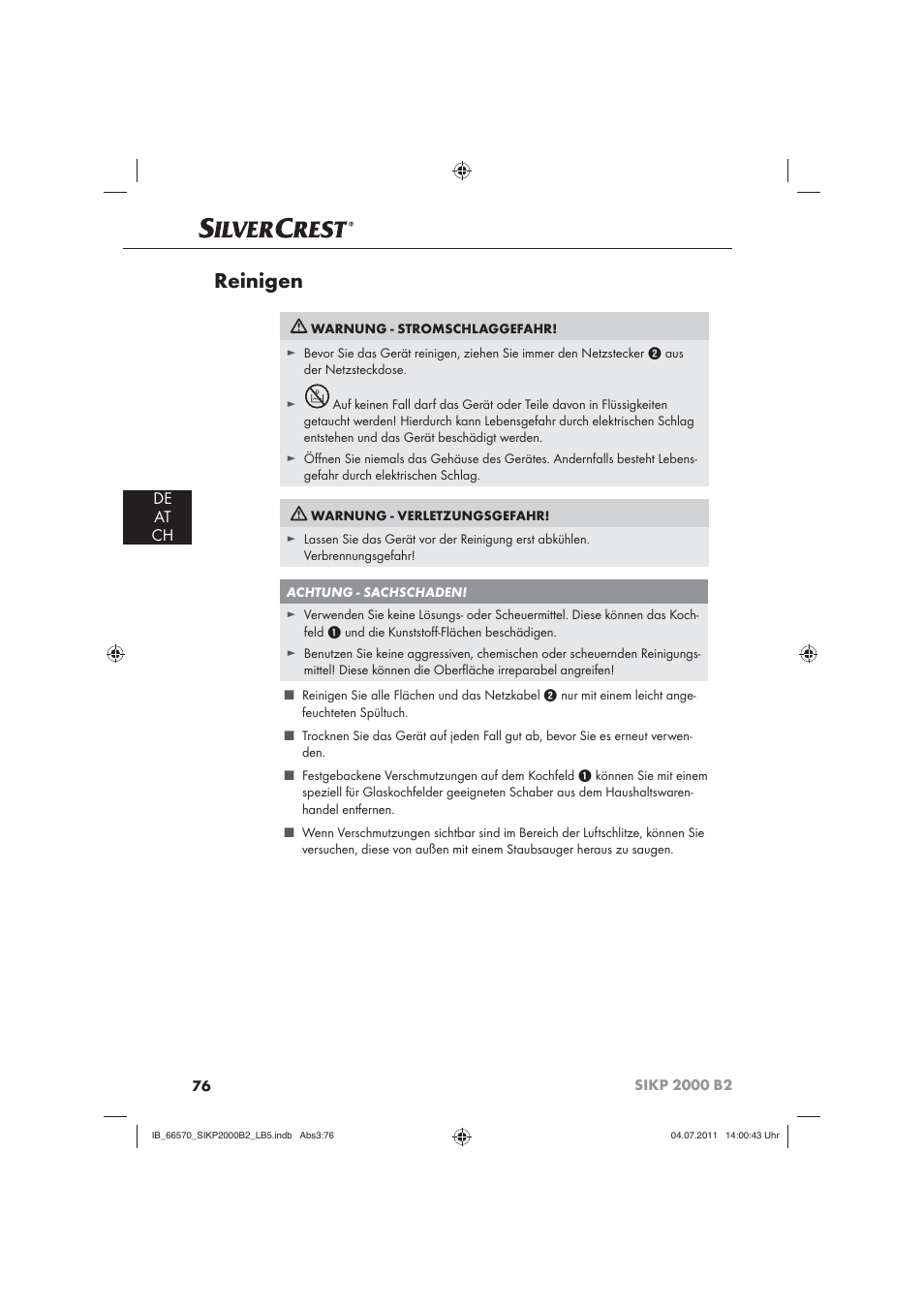 Reinigen, De at ch | Silvercrest SIKP 2000 B2 User Manual | Page 78 / 81