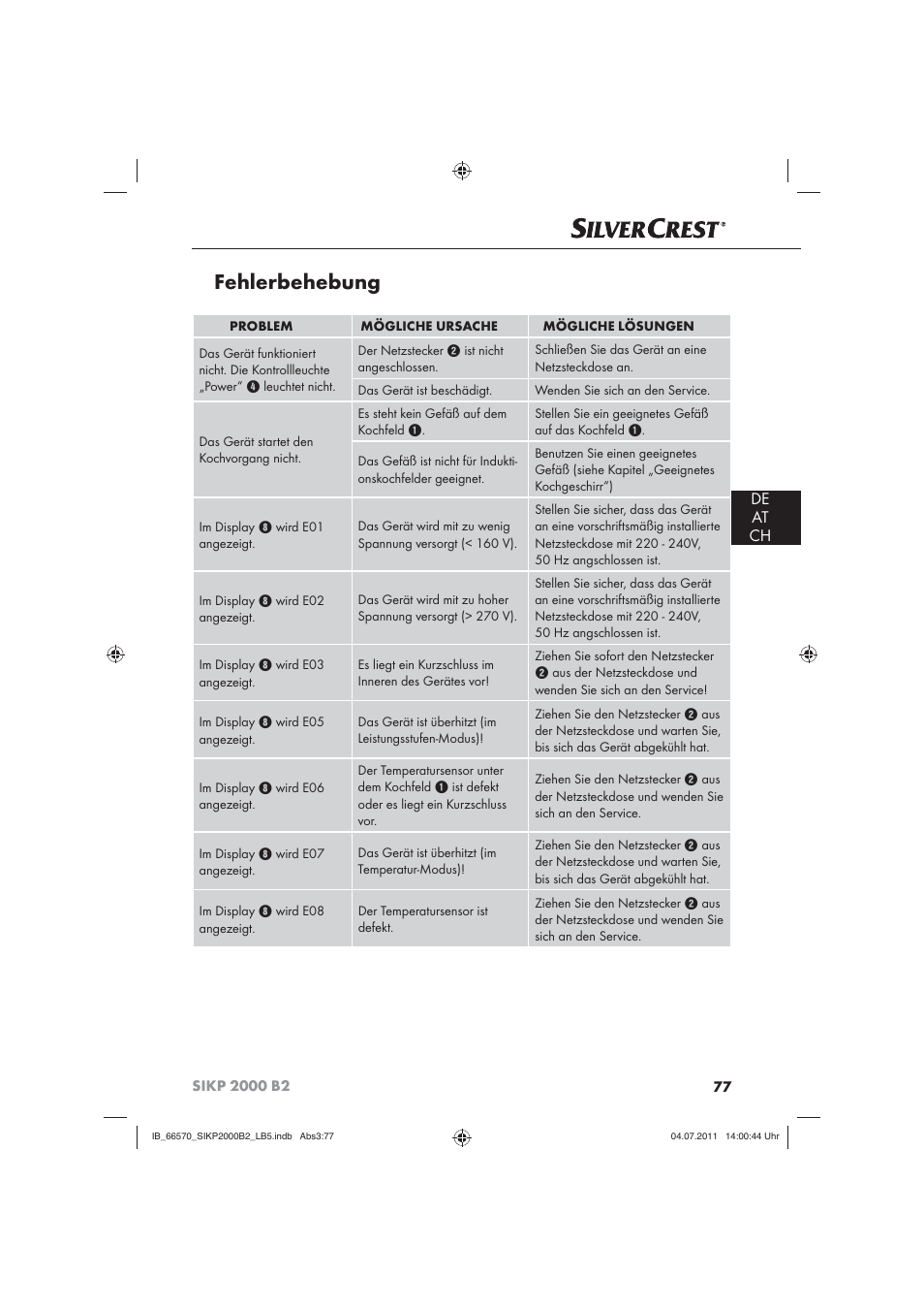Fehlerbehebung, De at ch | Silvercrest SIKP 2000 B2 User Manual | Page 79 / 81