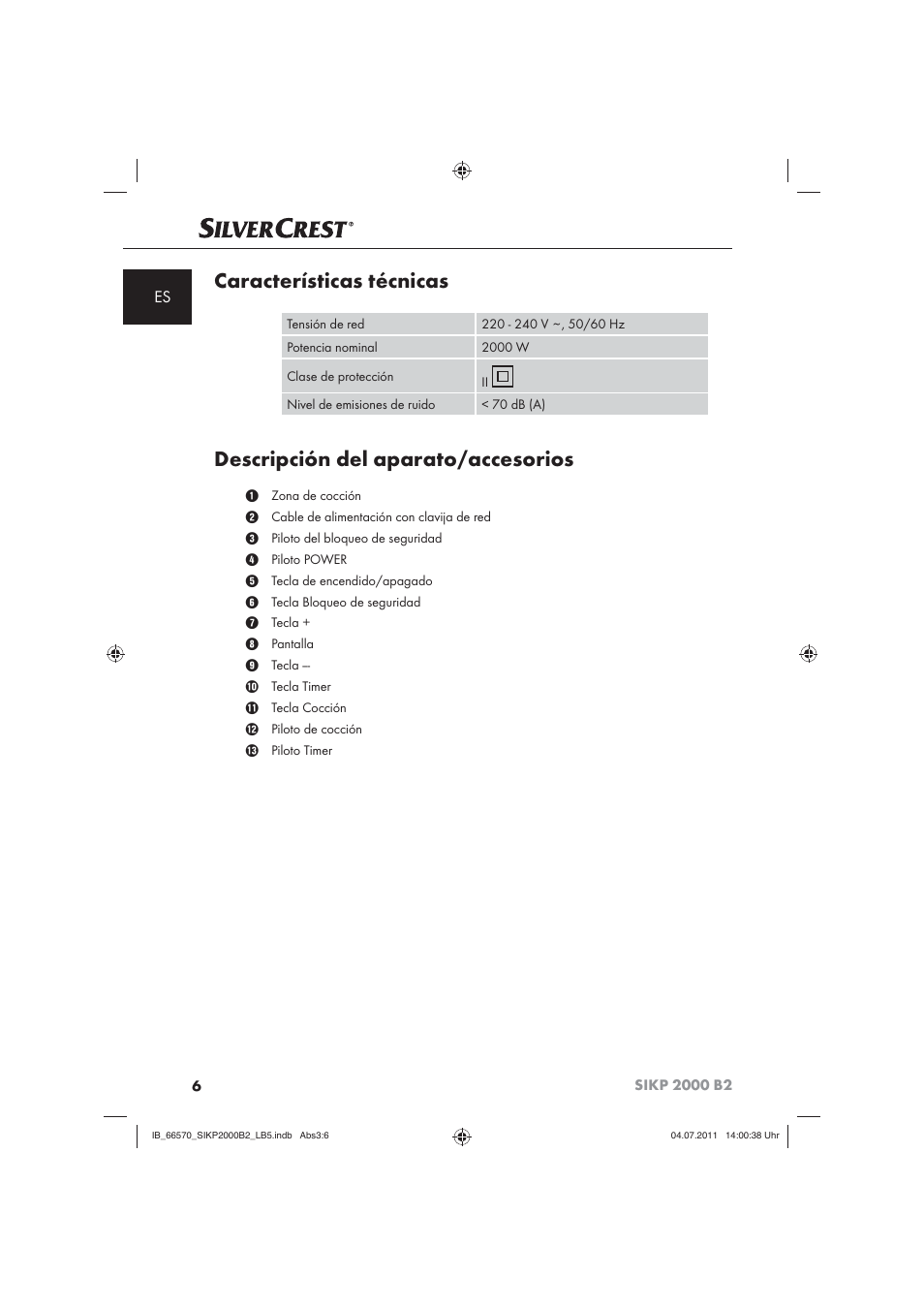 Características técnicas, Descripción del aparato/accesorios | Silvercrest SIKP 2000 B2 User Manual | Page 8 / 81