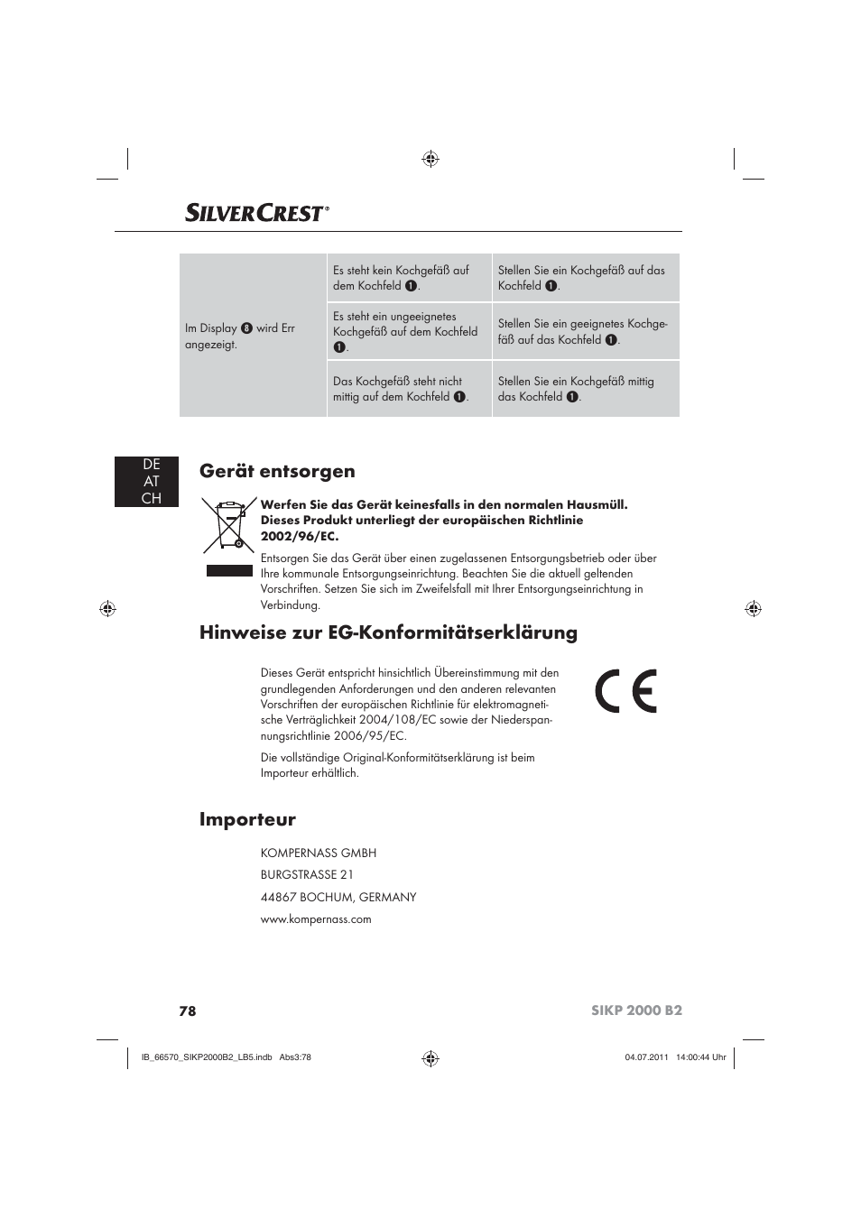 Gerät entsorgen, Hinweise zur eg-konformitätserklärung, Importeur | De at ch | Silvercrest SIKP 2000 B2 User Manual | Page 80 / 81