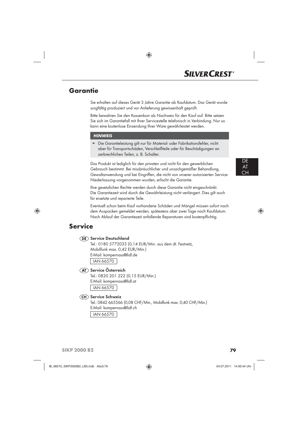 Garantie, Service, De at ch | Silvercrest SIKP 2000 B2 User Manual | Page 81 / 81