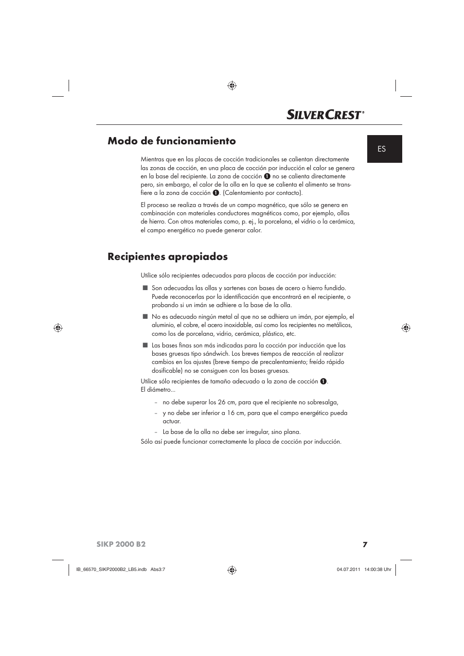 Modo de funcionamiento, Recipientes apropiados | Silvercrest SIKP 2000 B2 User Manual | Page 9 / 81