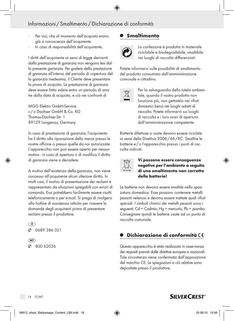 Smaltimento, Dichiarazione di conformità | Silvercrest Digital Baby Scale User Manual | Page 12 / 30