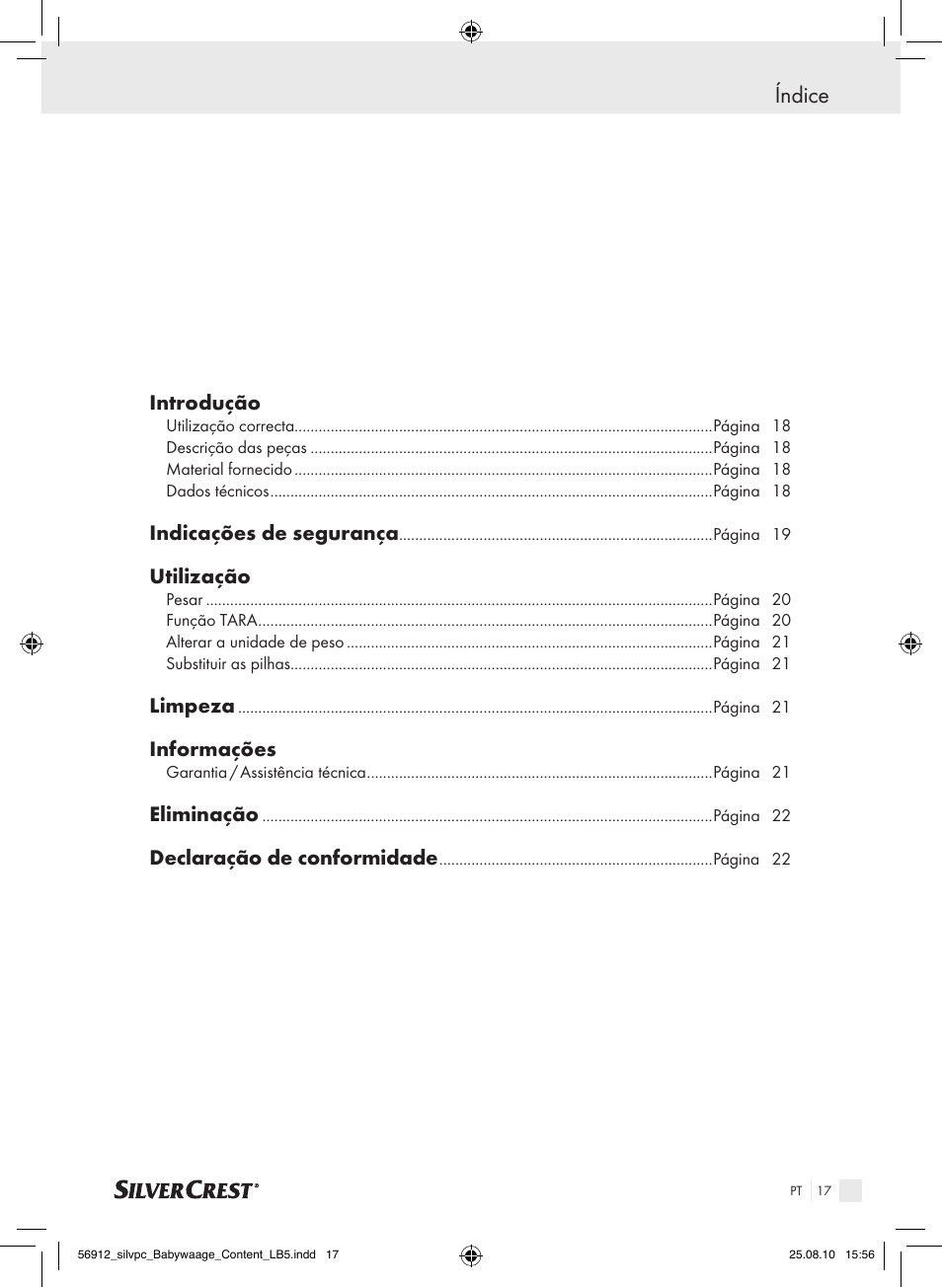 Índice, Introdução, Indicações de segurança | Utilização, Limpeza, Informações, Eliminação, Declaração de conformidade | Silvercrest Digital Baby Scale User Manual | Page 13 / 30