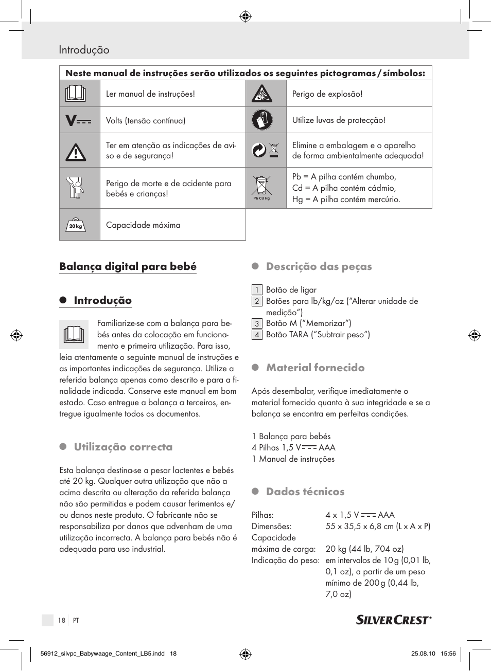 Introdução, Balança digital para bebé, Utilização correcta | Descrição das peças, Material fornecido, Dados técnicos | Silvercrest Digital Baby Scale User Manual | Page 14 / 30